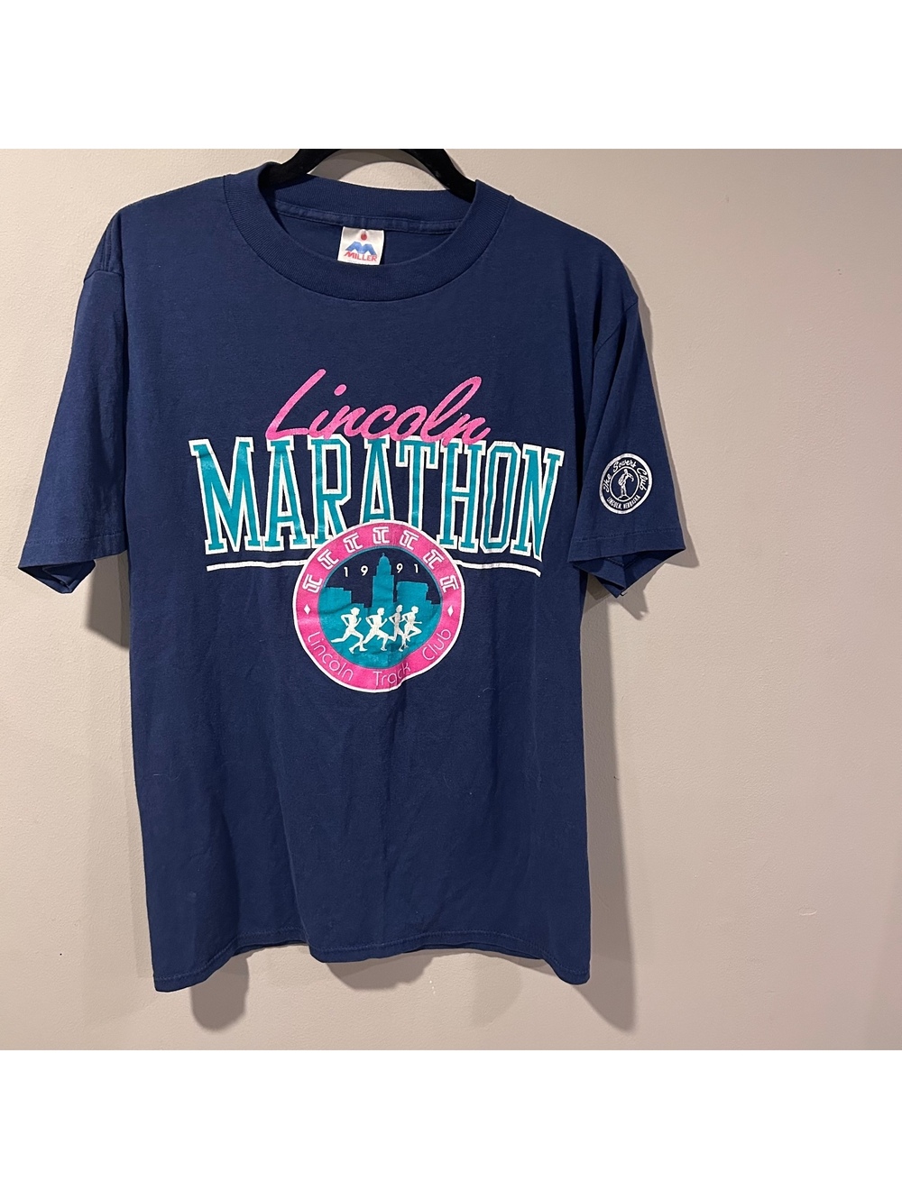 Vintage 1991 Single Stitch Lincoln Marathon Nebraska Navy Blue Tshirt Large USA